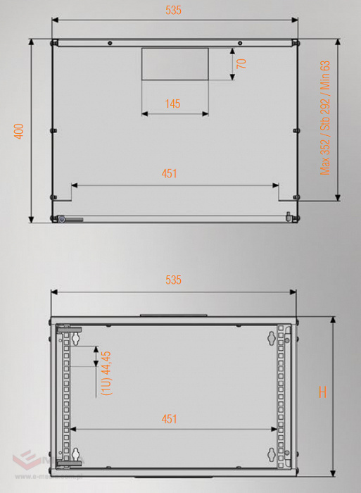 Szafa rack Mirsan 19" 7U/400mm drzwi szklane, wisząca, szara