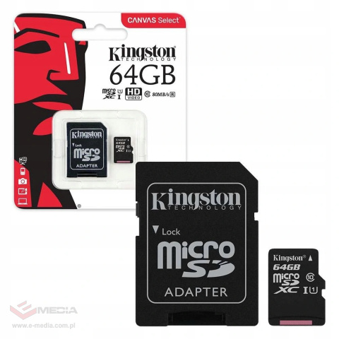 Karta pamięci Kingston microSDXC Canvas Select 64GB UHS-I Class 10 + adapter