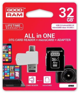 Karta pamięci MicroSDHC Goodram 32GB All in one- microCARD class 10 UHS I + adapter + OTG card reader USB/microUSB 2.0