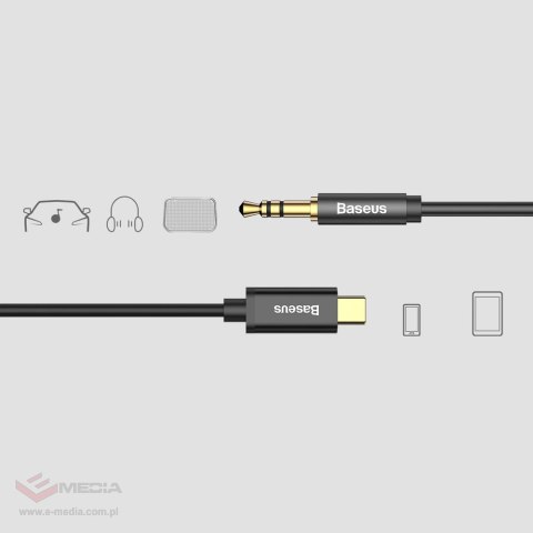 Baseus kabel audio stereo przejściówka AUX 3,5 mm mini jack - USB Typ C do telefonu tabletu 120cm czarny (CAM01-01)