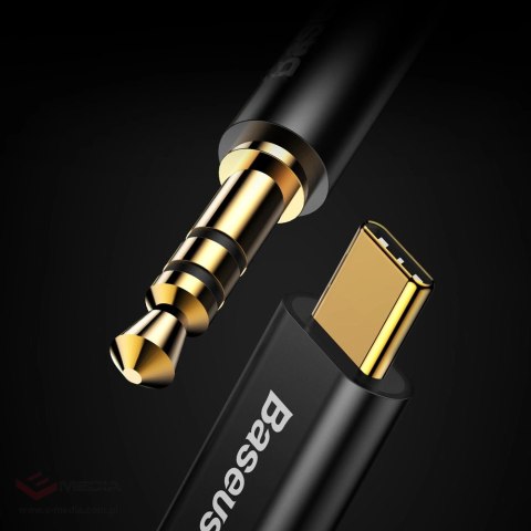 Baseus kabel audio stereo przejściówka AUX 3,5 mm mini jack - USB Typ C do telefonu tabletu 120cm czarny (CAM01-01)