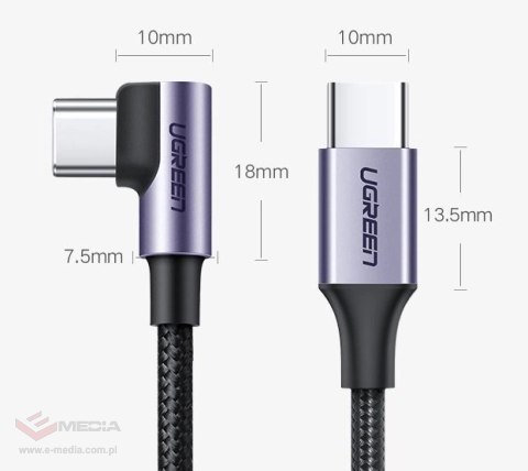 Kabel Ugreen US255 50125 USB-C (prosty) / USB-C (kątowy) PD QC 60W 3A 2m - szary