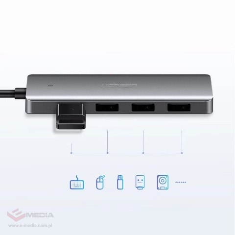 Ugreen rozdzielacz HUB USB Typ C - 4x USB 3.2 Gen 1 z portem zasilania USB-C szary (CM219 70336)