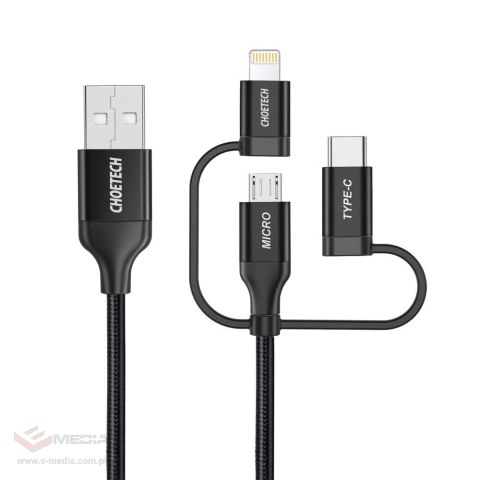 Choetech 3w1 kabel USB MFI Lightning / USB Typ C / micro USB (ładowanie 3A / przesyłanie danych 480 Mbps) 1,2 m czarny (IP0030-B