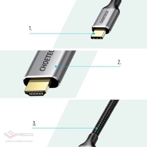 Choetech zestaw przejściówka HUB USB Typ C - HDMI 2.0 (3840 x 2160 @ 60Hz) szary (HUB-H12) + kabel USB Typ C - HDMI (3840 x 2160