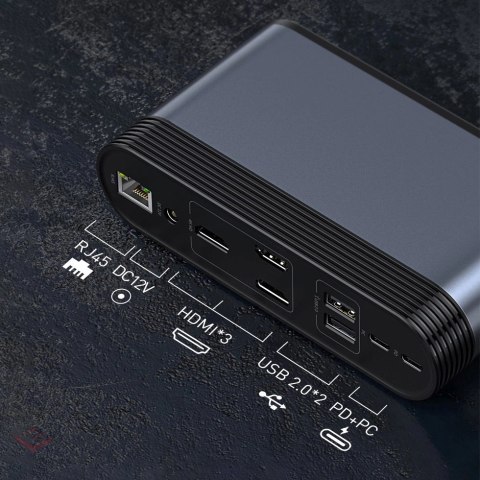 HUB Baseus CAHUB-DG0G 3x USB 3.2 Gen 1 / 2x USB-A / 2x USB-C / czytnik kart SD, micro SD / AUX / 3x HDMI / RJ45 PD 100W (wtyczki