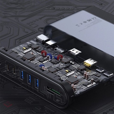 HUB Baseus CAHUB-DG0G 3x USB 3.2 Gen 1 / 2x USB-A / 2x USB-C / czytnik kart SD, micro SD / AUX / 3x HDMI / RJ45 PD 100W (wtyczki