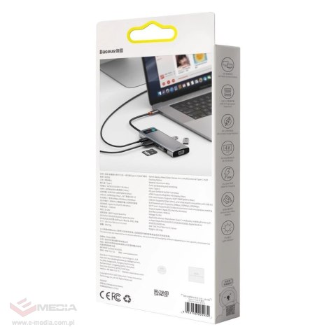 HUB Baseus Metal Gleam 9w1 USB-C - 3x USB 3.2 Gen 1 / USB-C PD 100W / VGA / HDMI / czytnik kart TF, SD / RJ45 - szary (CAHUB-CU0