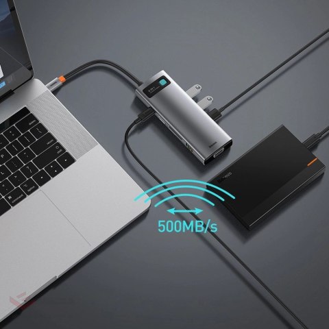 HUB Baseus Metal Gleam 9w1 USB-C - 3x USB 3.2 Gen 1 / USB-C PD 100W / VGA / HDMI / czytnik kart TF, SD / RJ45 - szary (CAHUB-CU0