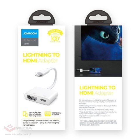 Joyroom adapter przejściówka ze złącza Lightning (męski) na cyfrowe HDMI (żeński) + Lightning (żeński) FullHD 1080p 60Hz biały (