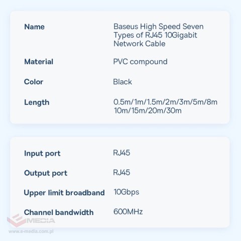 Baseus Speed Seven szybki kabel sieciowy RJ45 10Gbps 0.5m czarny (WKJS010001)