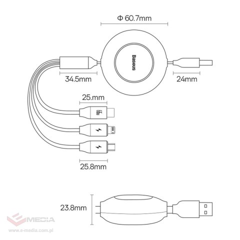 Kabel Baseus Bright Mirror 2 CAMJ010105 zwijany 3w1 USB-A - micro USB / Lightning / USB-C 66W 1.1m - fioletowy