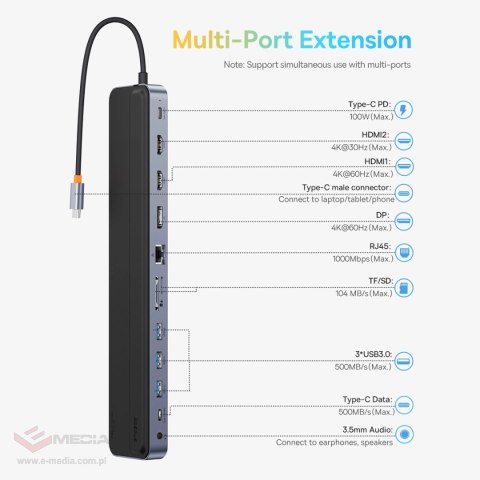 Baseus EliteJoy Gen2 uniwersalny HUB USB 12w1 z kablem USB-C 25cm podstawka pod notebook USB-A / USB-C / DP / HDMI / SD / TF / R