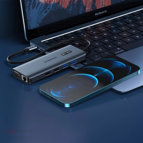 Choetech HUB wielofunkcyjny z wyświetlaczem 12w1 USB-C do 1xUSB-C/4xUSB-A/2xHDMI/1xVGA/1xAUX/czytnik kart pamięci szary (HUB-M26