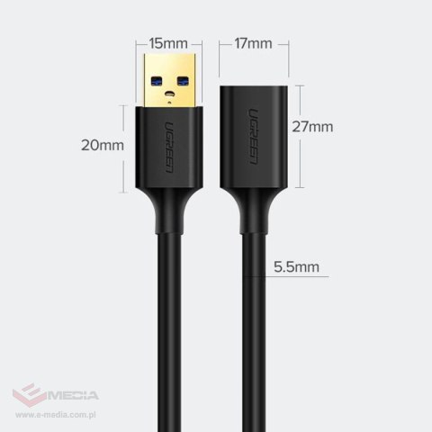 Ugreen kabel przedłużacz przejściówka USB-A (męski) - USB-A (żeński) USB 3.0 5Gb/s 0.5m czarny (US129)