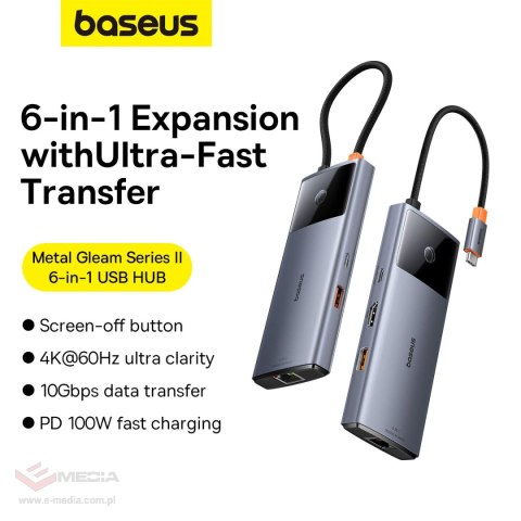 HUB USB 6w1 Baseus Metal Gleam Series II USB-A/USB-C/USB-C PD/HDMI/RJ45 - czarny