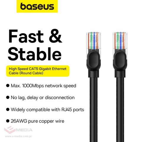 Kabel Ethernet Baseus High Speed Cat 5 RJ-45 1000Mb/s 10m okrągły - czarny