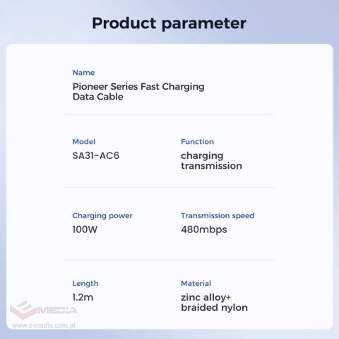 Kabel Joyroom Pioneer Series SA31-AC6 USB-A / USB-C 100W 1.2m - czarny