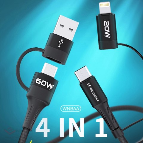 Kabel Wozinsky WNBAA 4w1 2x USB-C 1x USB-A 1x Lightning 60W 1 m - czarny