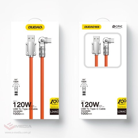 Kabel kątowy Dudao L24AC USB-A - USB-C o rotacji 180° 120W 1m - pomarańczowy