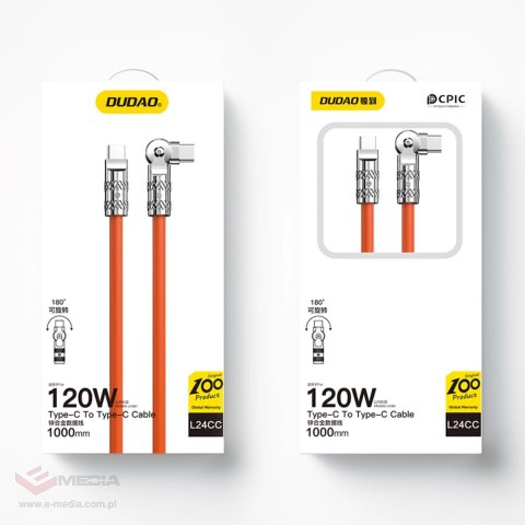 Kabel kątowy Dudao L24CC USB-C - USB-C o rotacji 180° 120W 1m - pomarańczowy