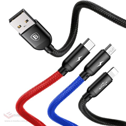 Kabel Baseus Three Primary Colors 3w1 USB-A - micro USB / Lightning / USB-C 3.5A 0,3 m - czarny