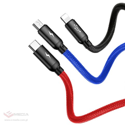 Kabel Baseus Three Primary Colors 3w1 USB-A - micro USB / Lightning / USB-C 3.5A 0,3 m - czarny