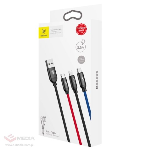 Kabel Baseus Three Primary Colors 3w1 USB-A - micro USB / Lightning / USB-C 3.5A 0,3 m - czarny