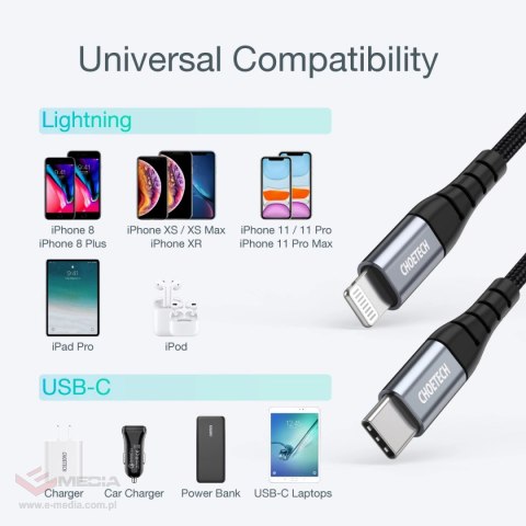 Kabel Choetech IP0041 USB-C / Lightning MFi 480Mb/s 3A 2 m - czarny