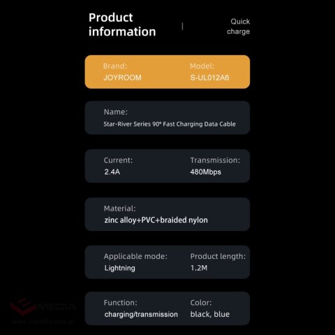 Kabel Joyroom Gaming Cable S-UL012A6 Lightning (kątowy) / USB-A (prosty) 2.4A 1.2 m - niebieski