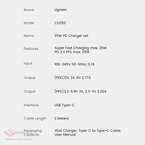 Ugreen ładowarka sieciowa USB Typ C 25W Power Delivery + kabel USB Typ C 2m czarny (50581)