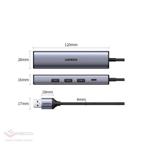 Ugreen wielofunkcyjny adapter HUB USB 3.0 - 3 x USB / Ethernet RJ-45 / USB Typ C PD szary (CM475)