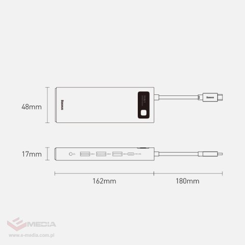 Baseus Metal Gleam 11w1 wielofunkcyjny HUB USB Typ C - 3x USB 3.2 Gen 1 5Gbps / USB Typ C PD 100W / 3,5 mm mini jack AUX / VGA F