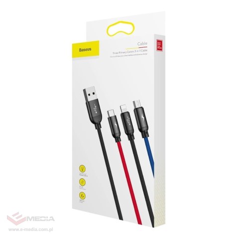 Kabel Baseus Three Primary Colors 3w1 USB-A - micro USB / Lightning / USB-C 3.5A 1,2 m - czarny