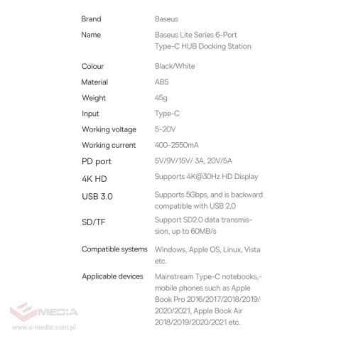 Baseus Lite Series wielofunkcyjny HUB USB Typ C - 2 x USB 3.0 / USB Typ C PD / HDMI 1,4 / SD/TF czarny (WKQX050101)