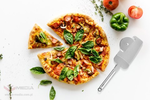 Nóż do pizzy z tarczą tnącą, zębami tnącymi brzegi oraz łopatką z zaciskiem