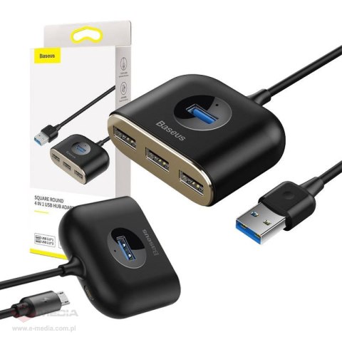 Adapter USB 4w1 Baseus Square Round, HUB USB 3.0 do 1x USB 3.0 + 3x USB 2.0, 1m (czarny)