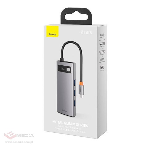 Hub 6w1 Baseus Metal Gleam Series, USB-C do 3x USB 3.0 + HDMI + USB-C PD + Ethernet RJ45