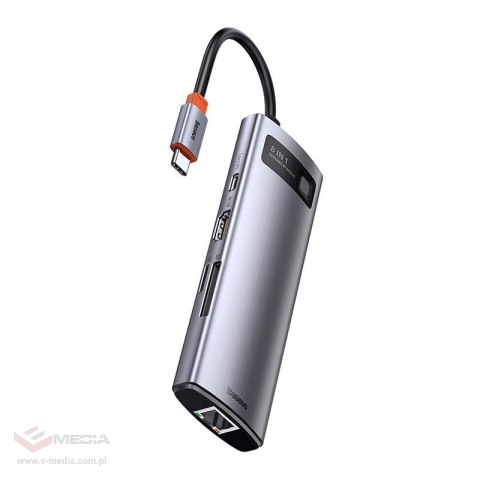 Hub 8w1 Baseus Metal Gleam Series, USB-C do 3x USB 3.0 + HDMI + USB-C PD + Ethernet RJ45 + microSD/SD