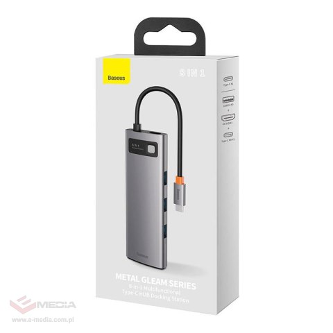 Hub 8w1 Baseus Metal Gleam Series, USB-C do 3x USB 3.0 + HDMI + USB-C PD + Ethernet RJ45 + microSD/SD