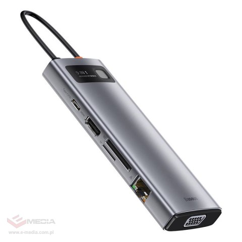 Hub 9w1 Baseus Metal Gleam Series, USB-C do 3x USB 3.0 + HDMI + USB-C PD + Ethernet RJ45 + microSD/SD + VGA