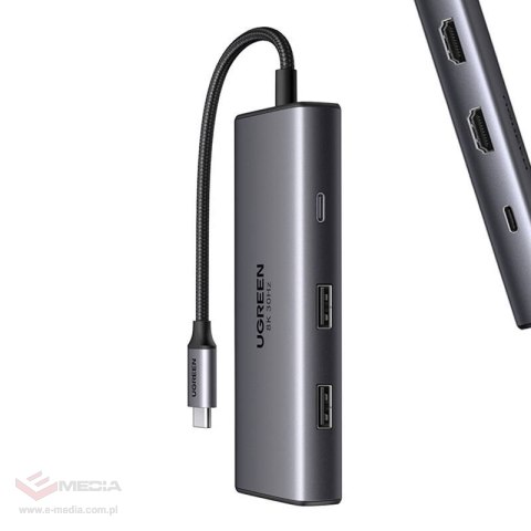 Adapter 6w1 UGREEN CM498 Hub USB do 2x USB-A 3.0, USB-C 3.0, 2xHDMI, PD