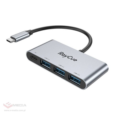 Hub 4w1 RayCue USB-C do 3x USB-A 3.0 5Gbps + PD 3.0 100W (szary)