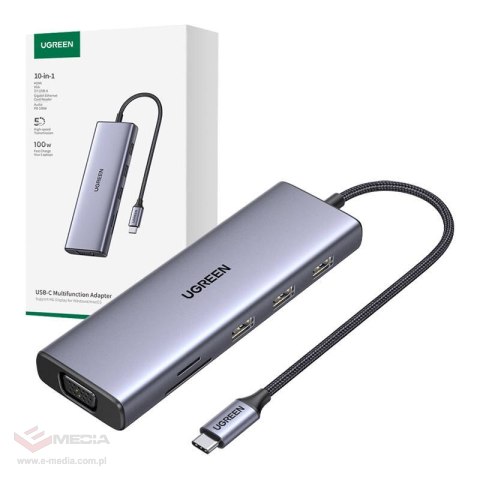 Hub USB-C Ugreen CM498, 3x USB 3.0, HDMI 4k 30Hz, VGA, RJ45, SD/TF, PD 100W (szary)