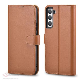 ICarer Haitang Leather Wallet Case skórzane etui do Samsung Galaxy S22+ (S22 Plus) portfel obudowa pokrowiec brązowy (AKSM05BN)