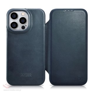 ICarer CE Oil Wax Premium Leather Folio Case skórzane etui iPhone 14 Pro Max z klapką magnetyczne MagSafe niebieski (AKI14220708