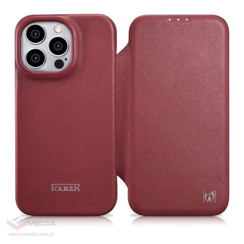 ICarer CE Premium Leather Folio Case skórzane etui iPhone 14 Pro Max z klapką magnetyczne MagSafe czerwony (WMI14220716-RD)