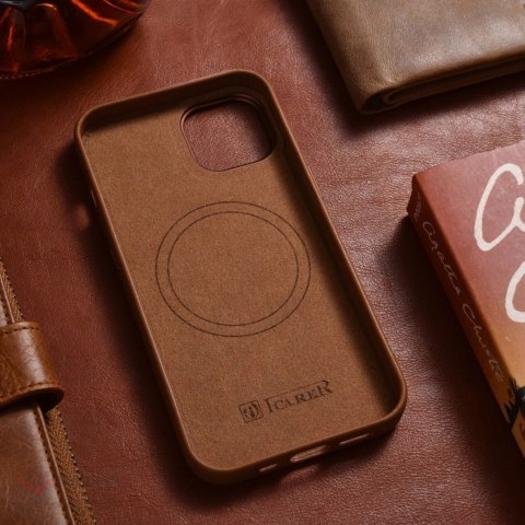 ICarer Case Leather pokrowiec etui z naturalnej skóry do iPhone 14 Plus brązowy (kompatybilne z MagSafe)