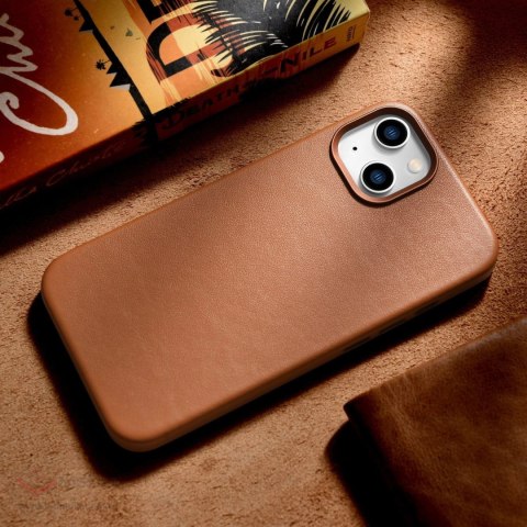 ICarer Case Leather pokrowiec etui z naturalnej skóry do iPhone 14 Plus brązowy (kompatybilne z MagSafe)