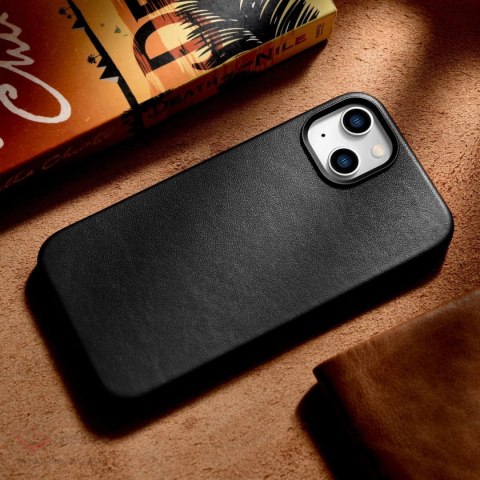 ICarer Case Leather pokrowiec etui z naturalnej skóry do iPhone 14 Plus czarny (kompatybilne z MagSafe)